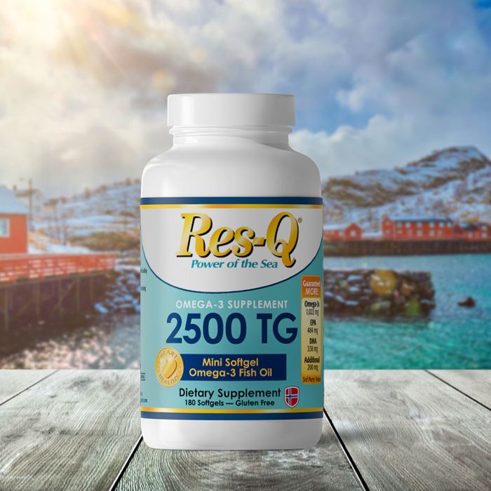 2500 TG Mini Softgel Omega-3 viewed with Norway backdrop 2500 TG Mini Softgel Omega-3 viewed with Norway backdrop