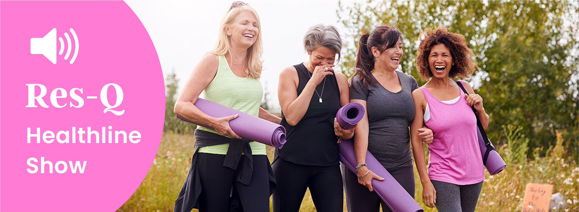A group of middle-aged women walk outside to a yoga session